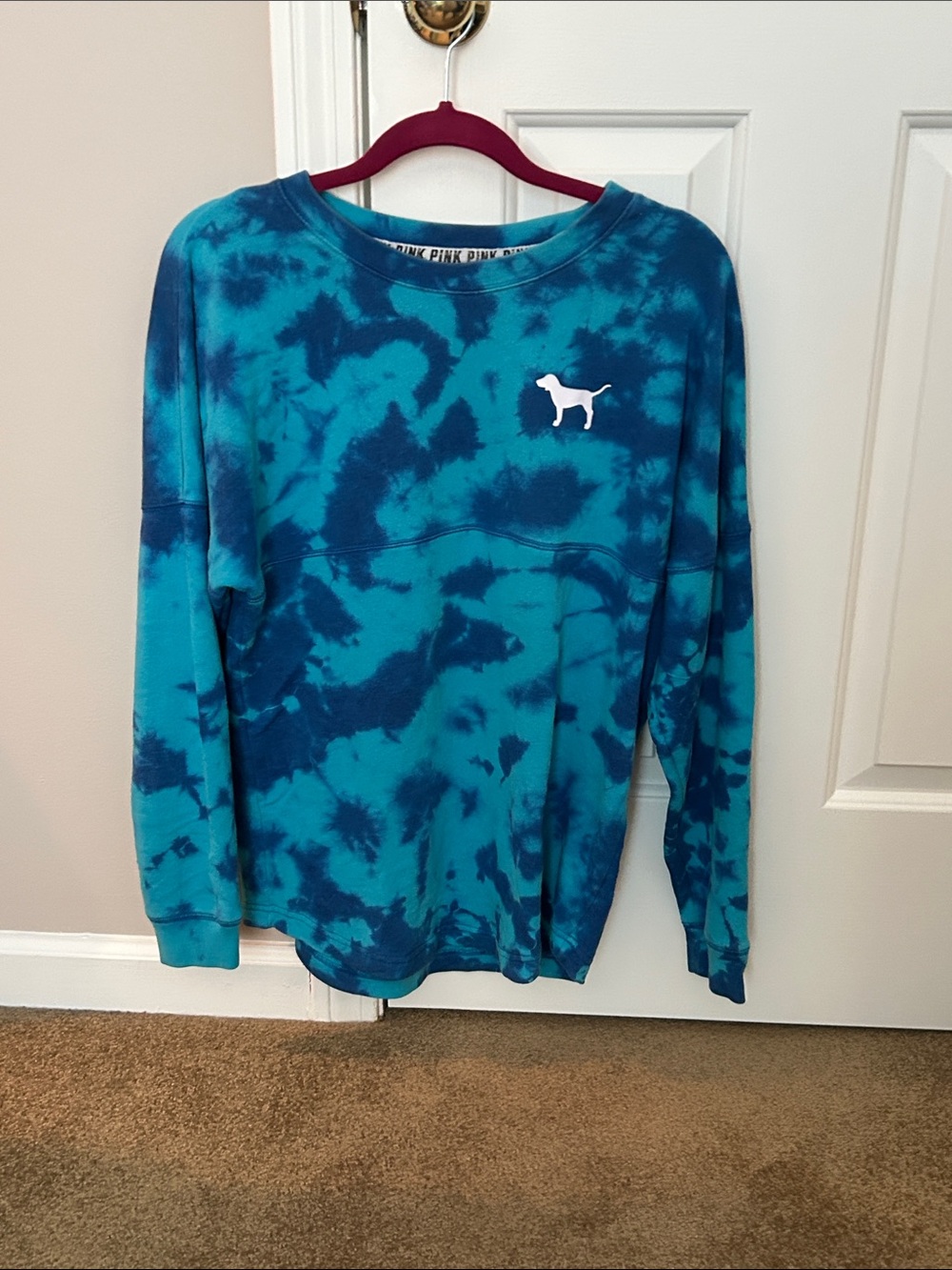 PINK Victoria's Secret Blue Teal Tie-Dye Sweatshirt with Dog Logo